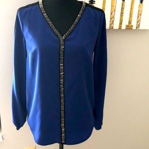 Style & Company Royal blue silky career blouse & black accents & silver beading